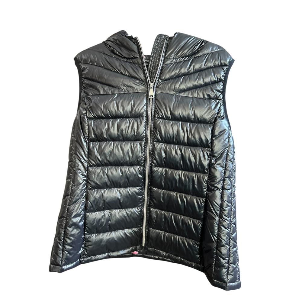 NOIZE Puffer Vest Hooded Black Metallic Shiny Quilted Zip Up Puffer‎ Vest XL TG